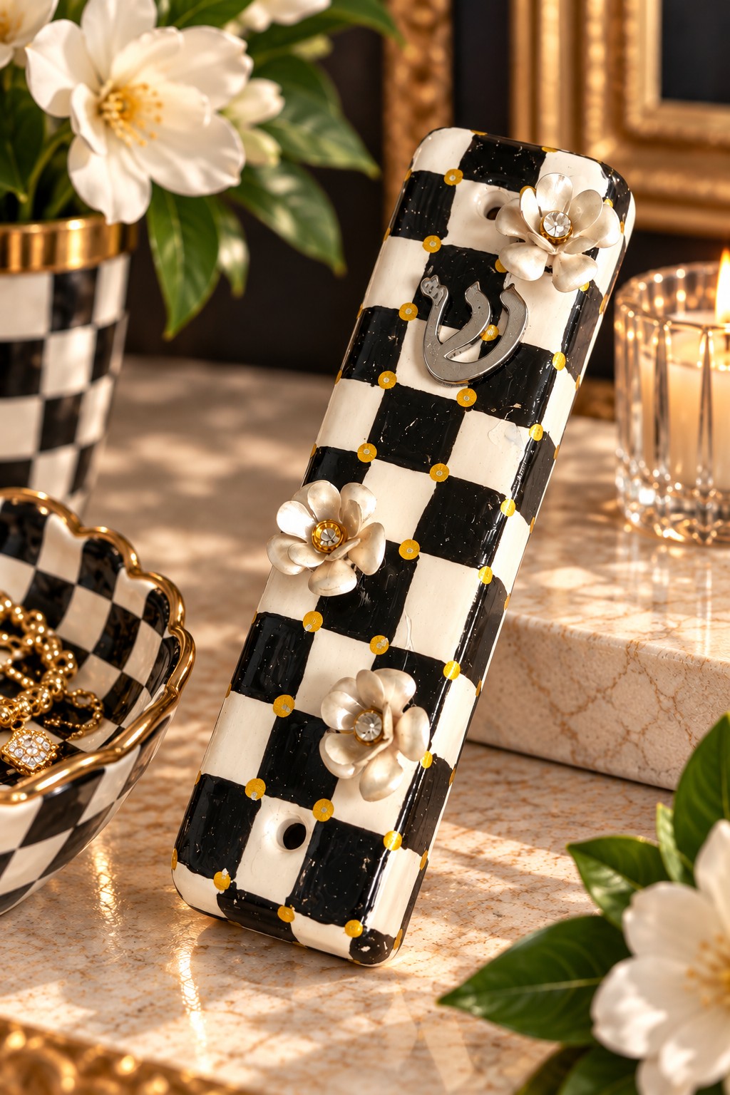 Checkered & Charmed Ceramic Mezuzah Collection, checkered mezuzah with cream flowers