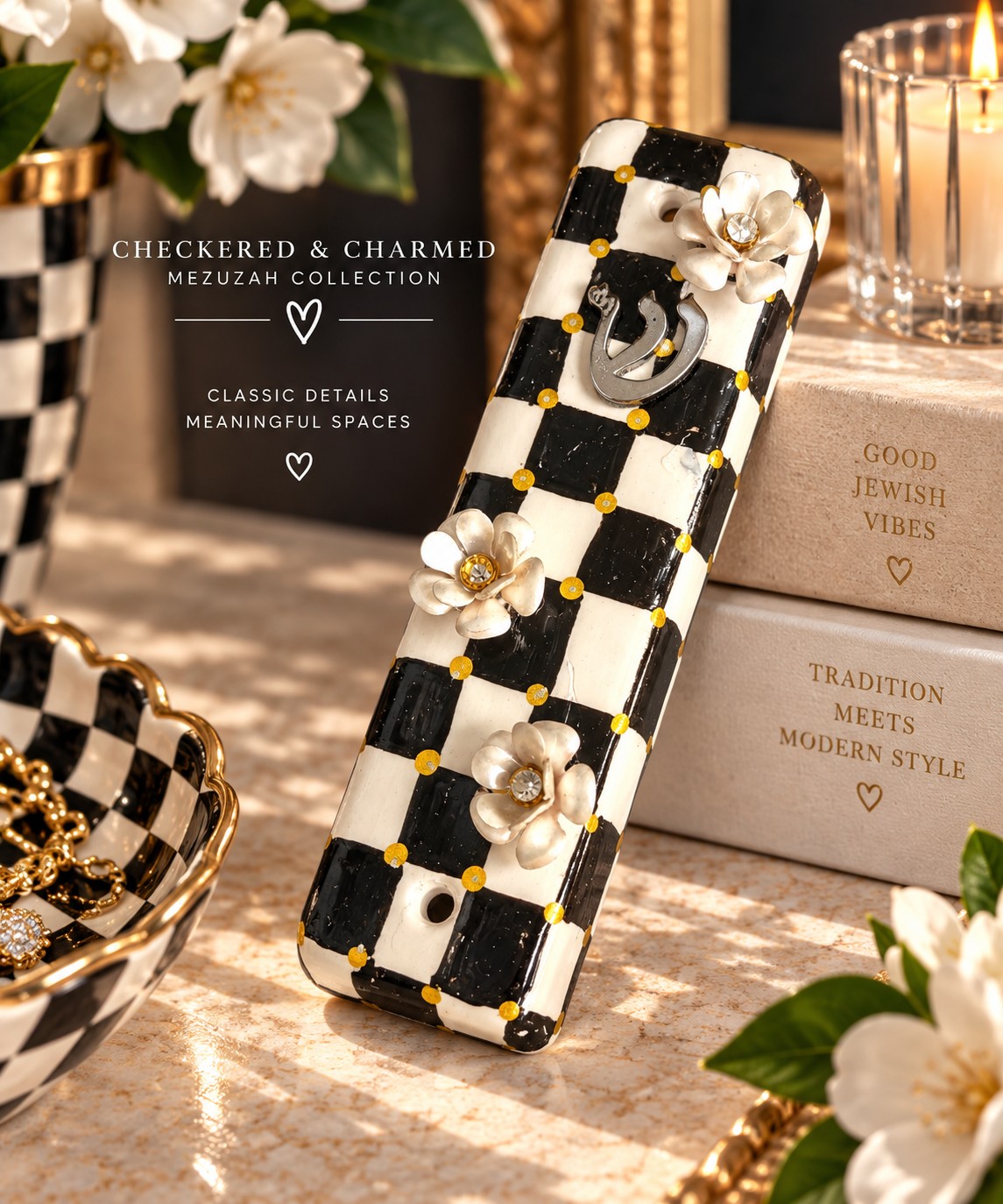 Checkered & Charmed Ceramic Mezuzah Collection, checkered mezuzah with white flowers, close view