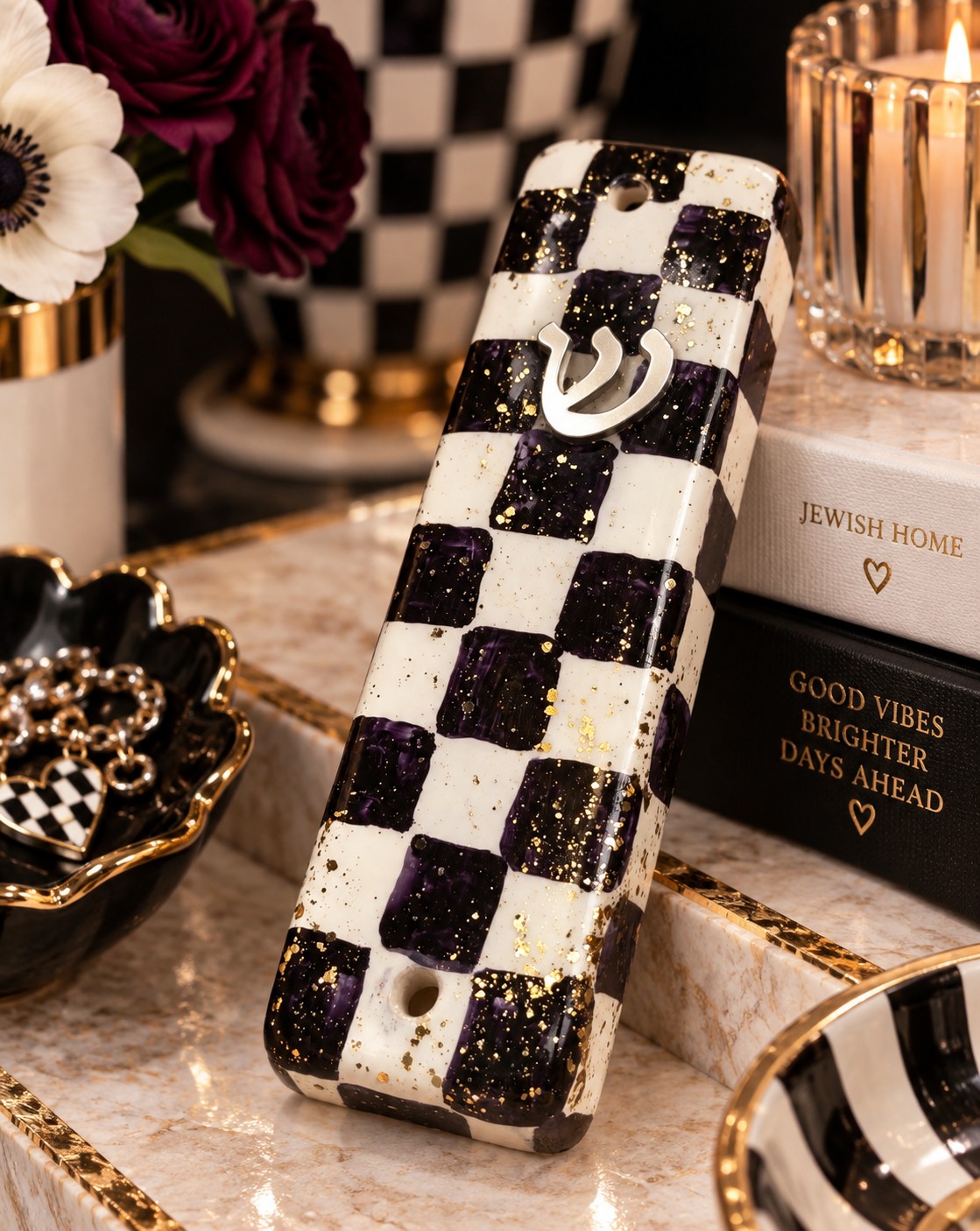 Checkered & Charmed Ceramic Mezuzah Collection, checkered mezuzah with gold shin