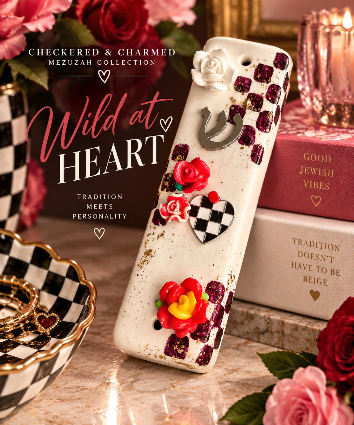 Checkered & Charmed Ceramic Mezuzah Collection, Wildest Heart mezuzah with title