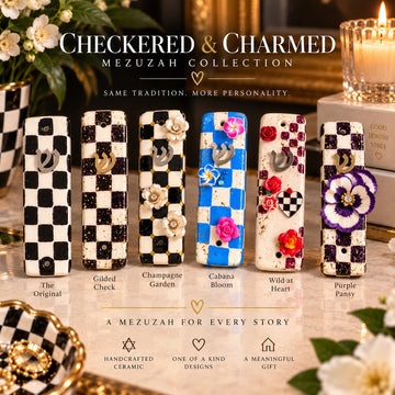 Checkered and Charmed ceramic mezuzah collection graphic