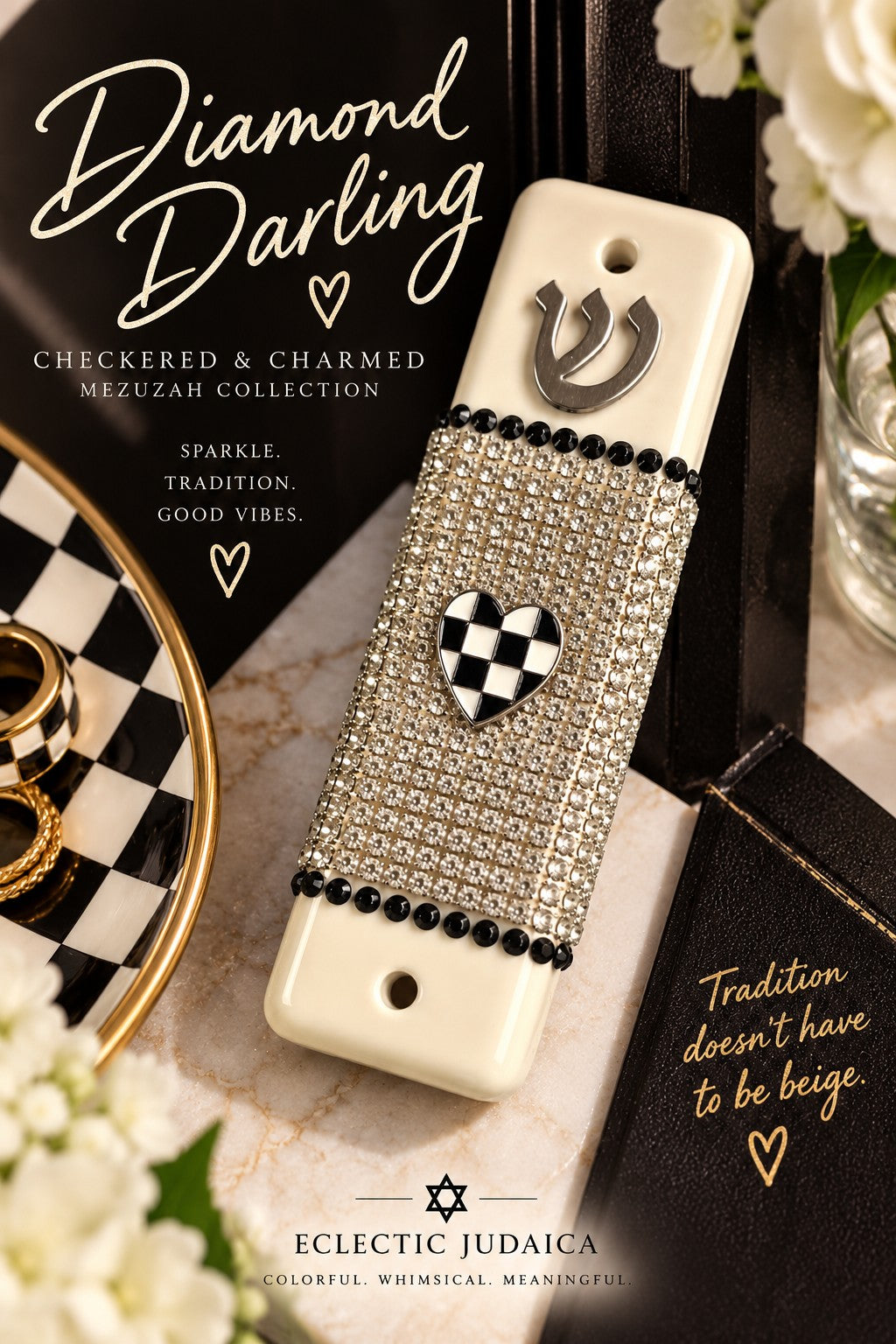 Checkered and Charmed Mezuzah Cases, Diamond Darling mezuzah with title