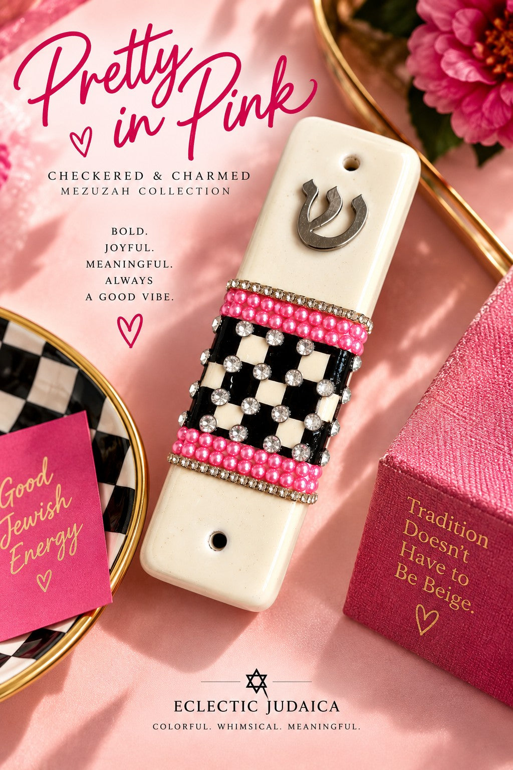 Checkered and Charmed Mezuzah Cases, Pretty in Pink mezuzah with title