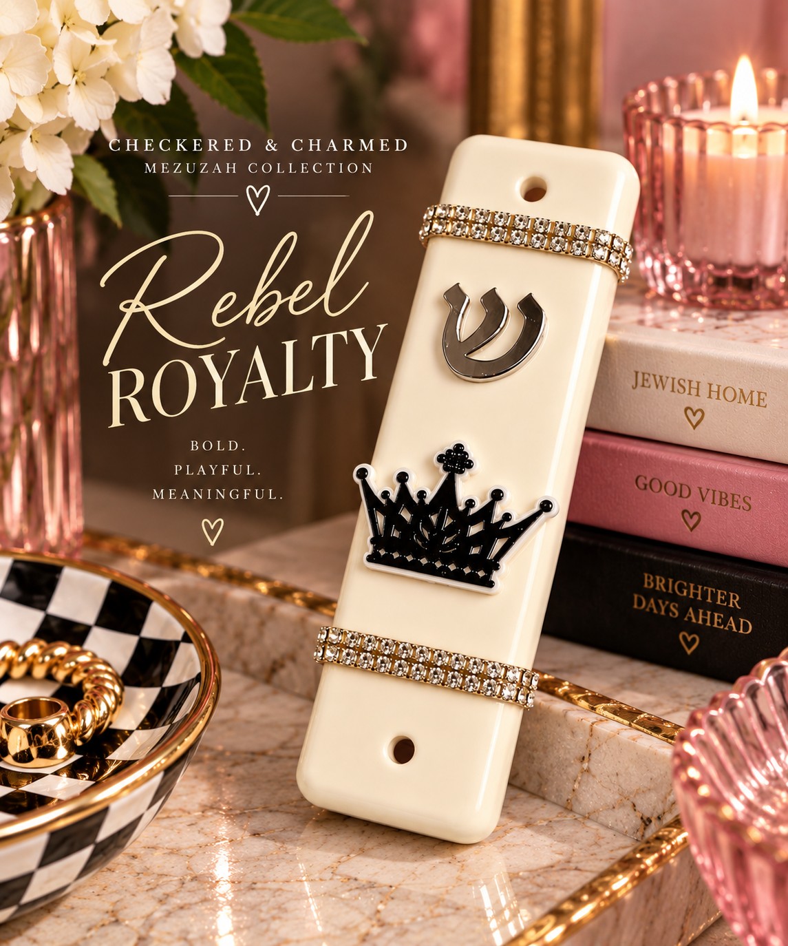 Checkered and Charmed Mezuzah Cases, Rebel Royalty mezuzah with crown and checkered band