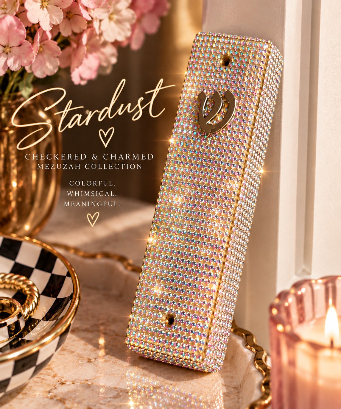 Checkered and Charmed Mezuzah Cases, Stardust rhinestone mezuzah with title