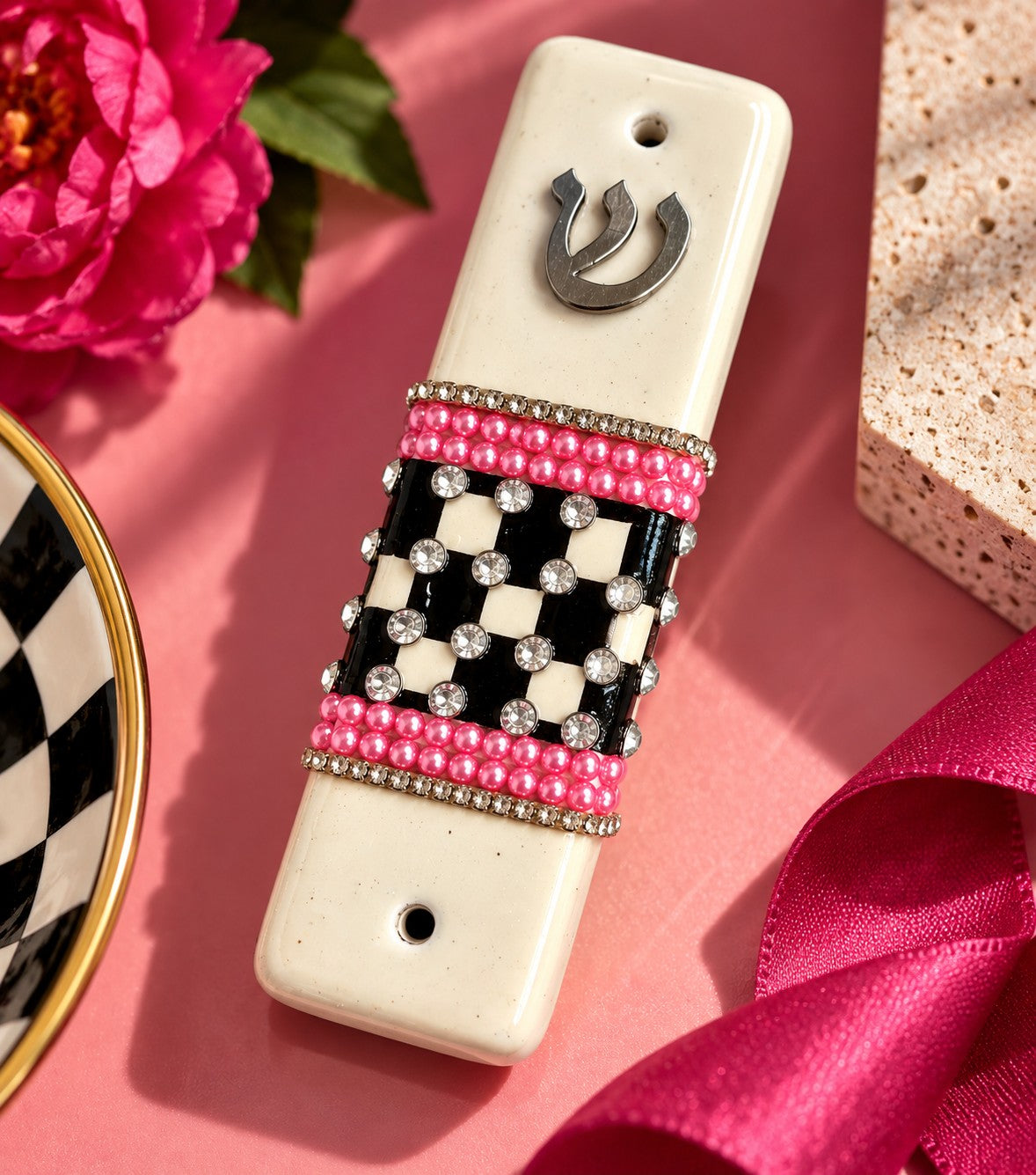 Checkered and Charmed Mezuzah Cases, cream mezuzah with pink and checkered band