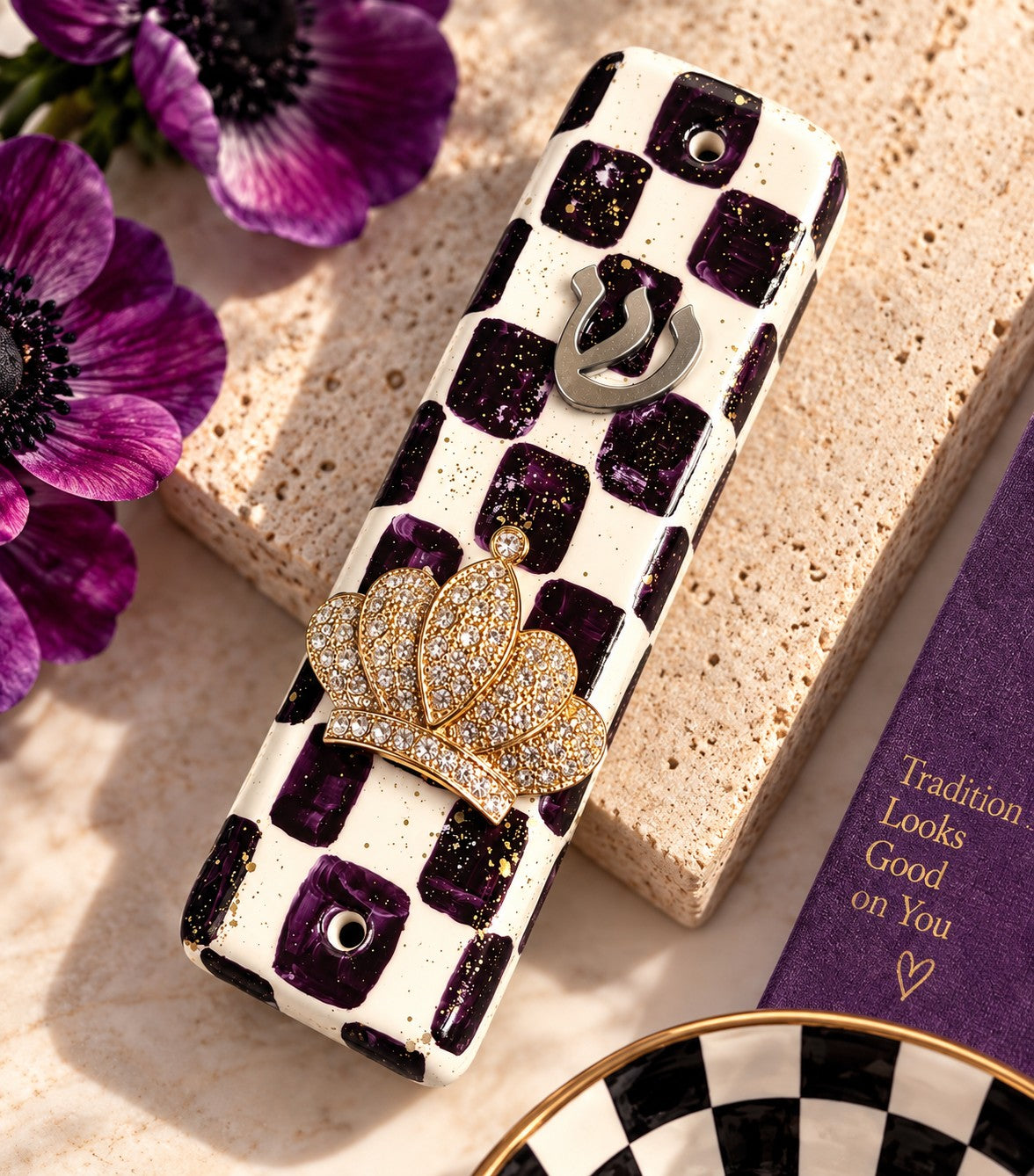 Checkered and Charmed Mezuzah Cases, checkered mezuzah with gold leaf on purple flowers