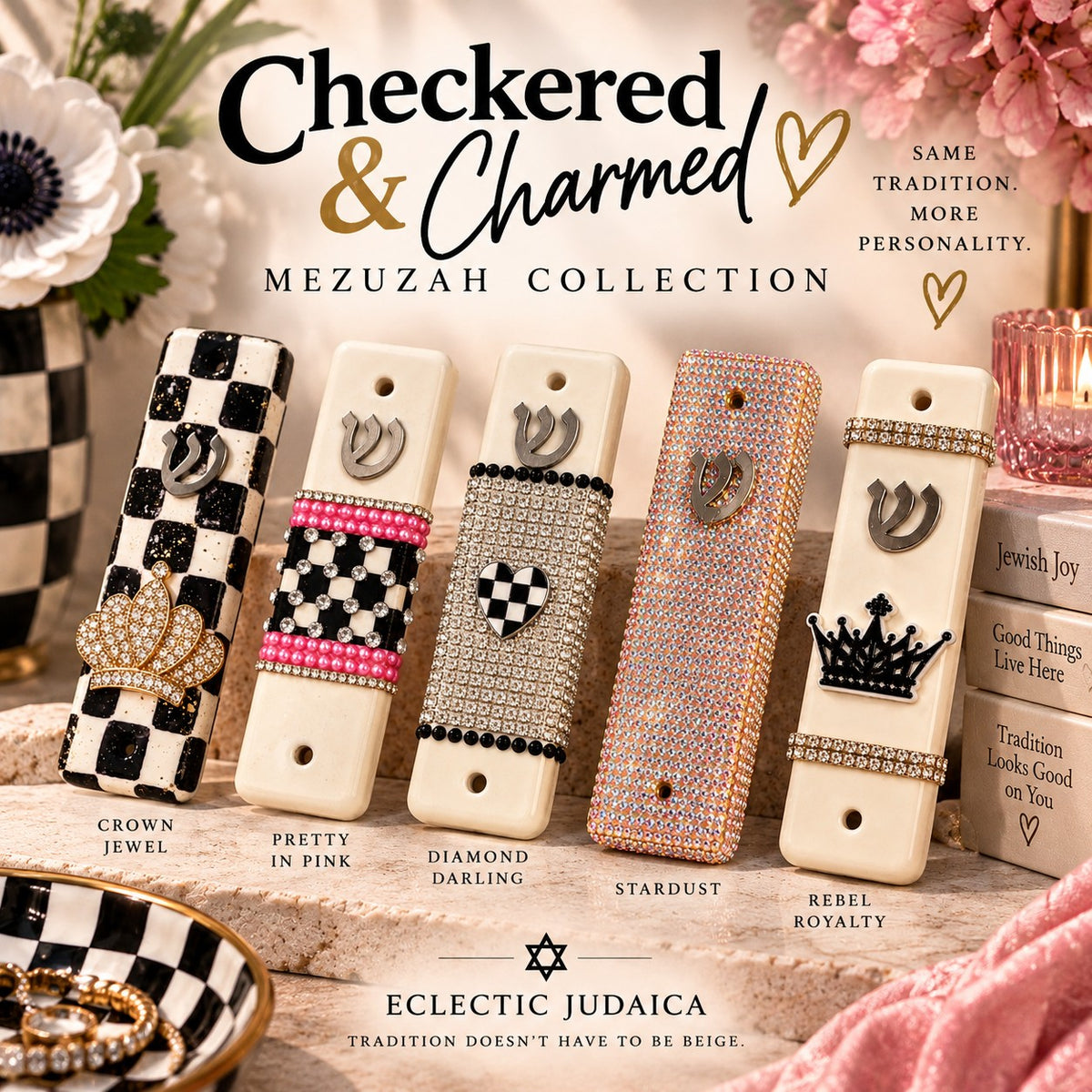 Checkered and Charmed mezuzah collection graphic