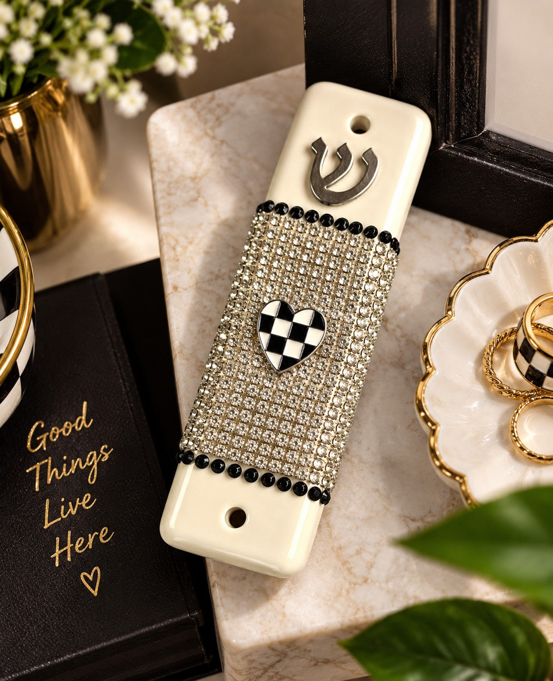 Checkered and Charmed Mezuzah Cases, cream mezuzah with checkered heart band