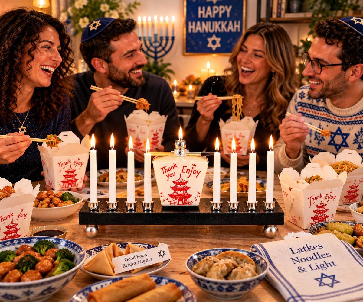 Chinese Takeout Box Menorah, friends with takeout food around the lit menorah