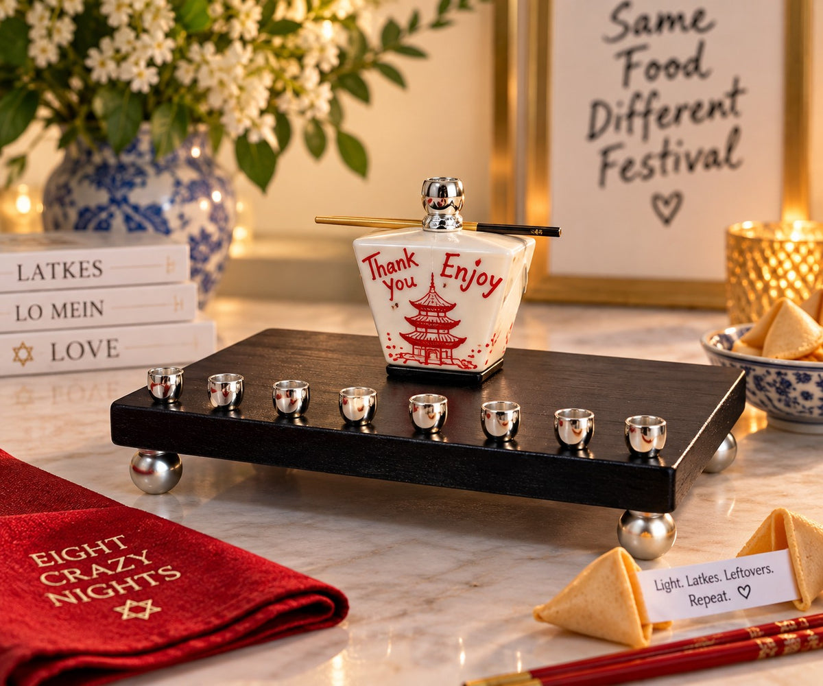 Takeout box menorah on a festive table