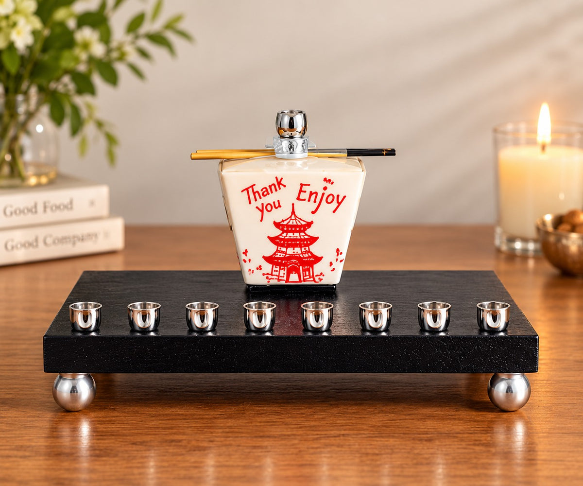 Takeout box menorah with silver cups, front view