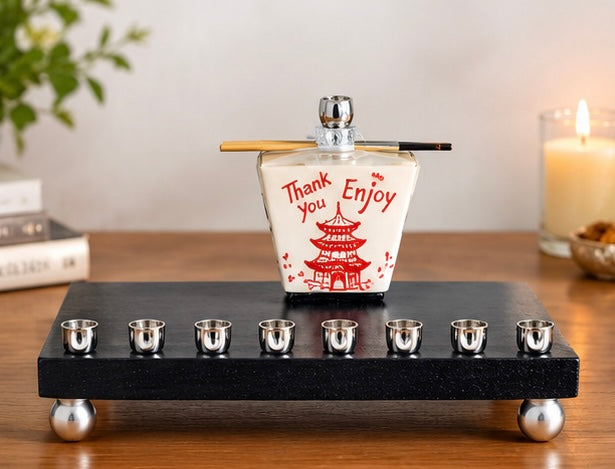 Takeout box menorah, side view