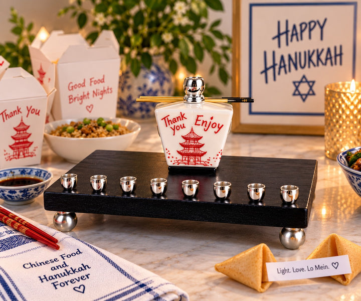 Chinese takeout box shamash on a black menorah base