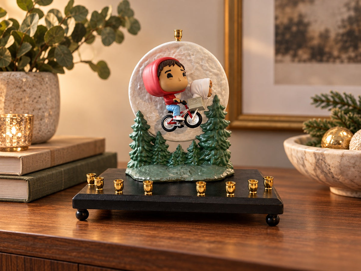 E.T. and Elliott menorah on a side table