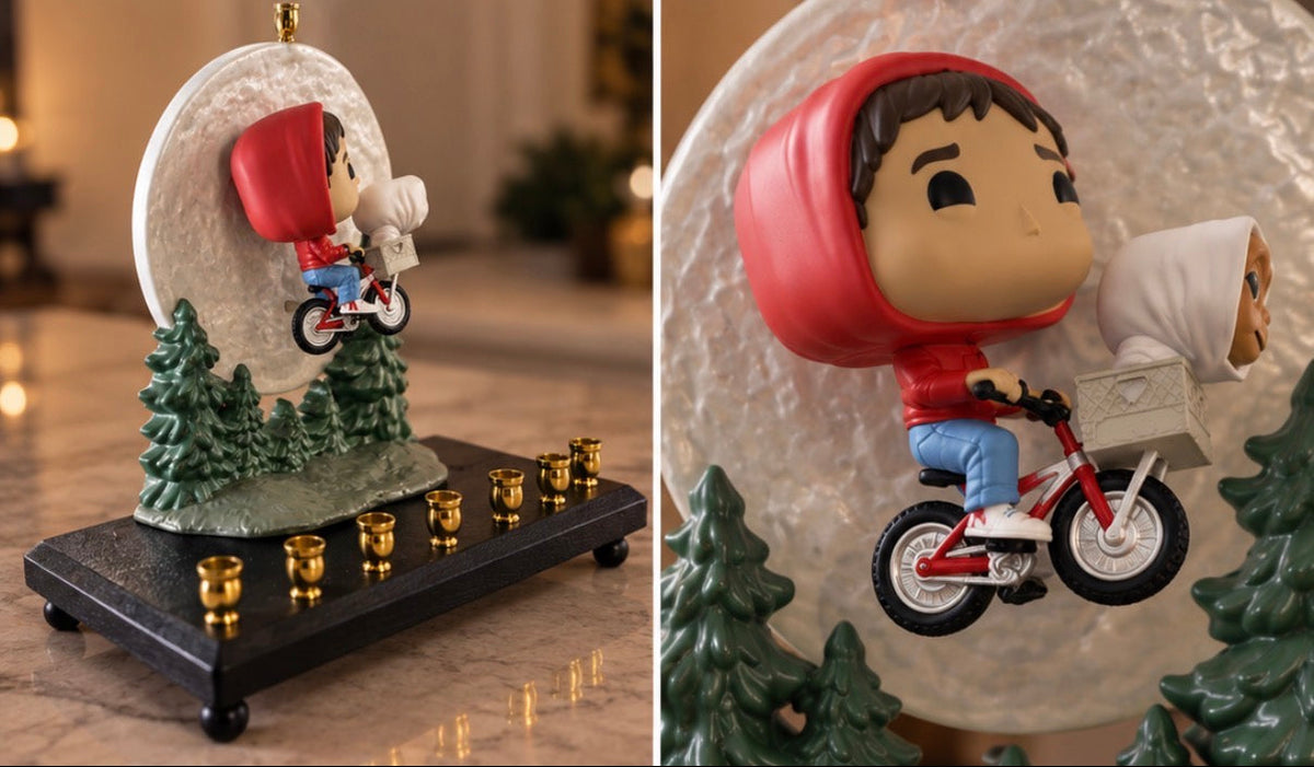Collector’s E.T. & Elliott Menorah, collage close-ups of the E.T. and Elliott figure