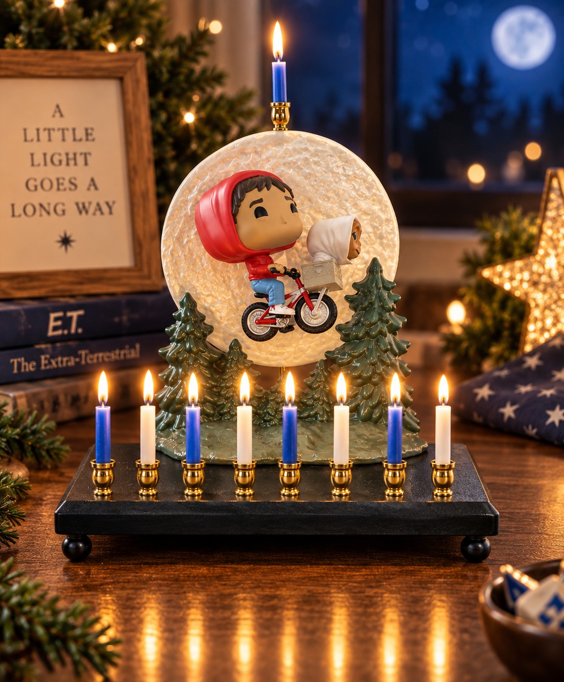 E.T. and Elliott menorah with candles lit