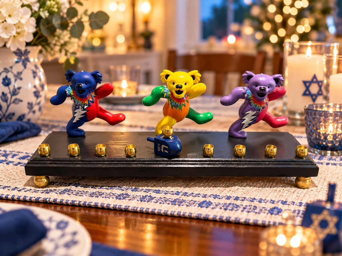 Dancing bears menorah on a festive table