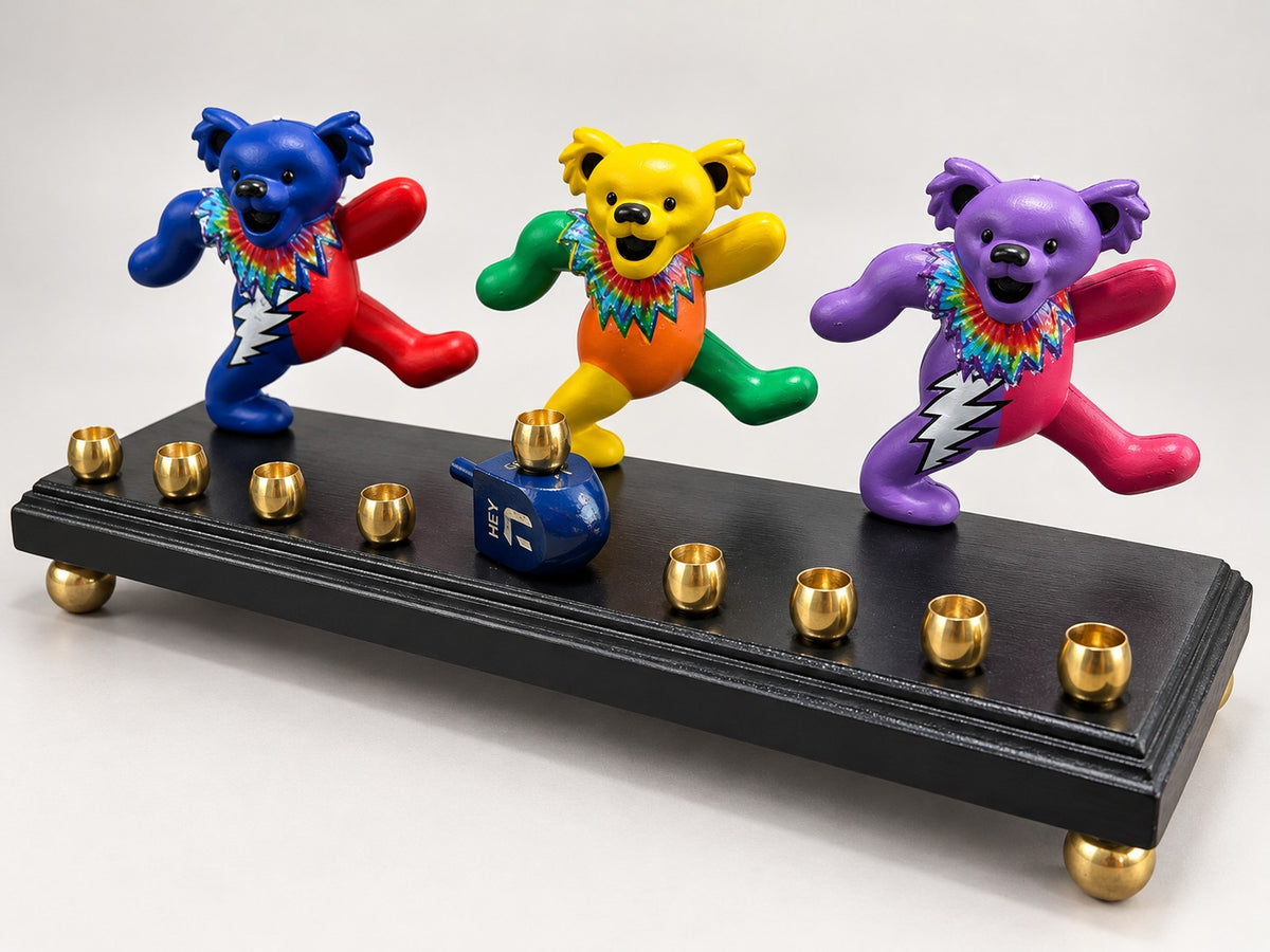 Angled view of the dancing bears menorah