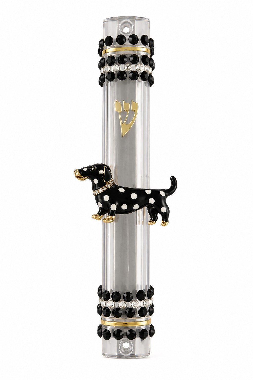 Clear mezuzah case with polka-dot dachshund and black beaded bands on white