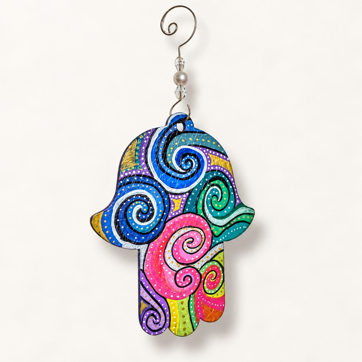 Swirly hand-painted Free Spirit hamsa on white