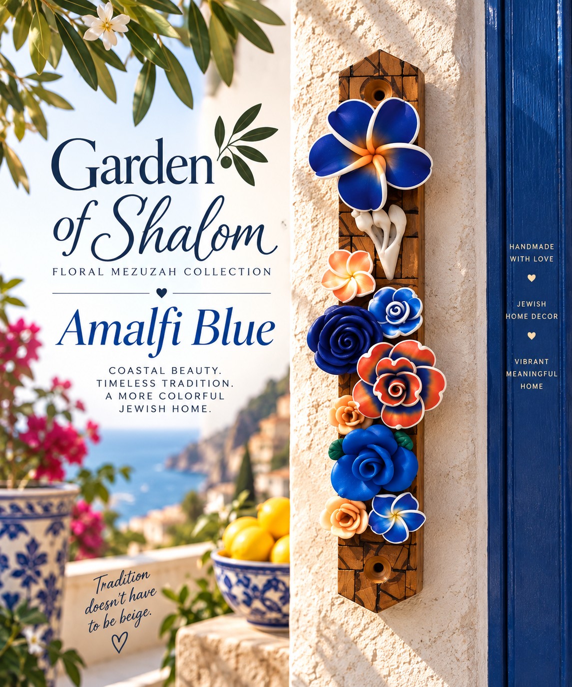 Garden of Shalom Floral Mezuzah Collection, Amalfi Blue mezuzah graphic