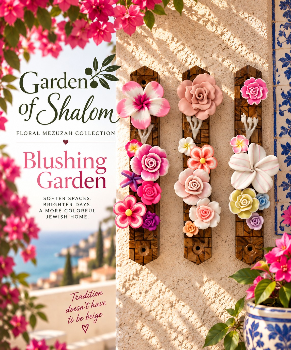 Garden of Shalom Floral Mezuzah Collection, Blushing Garden mezuzah graphic