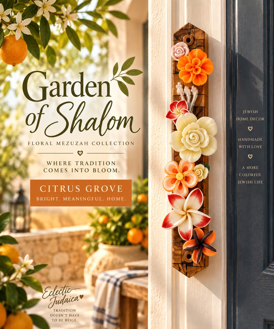 Garden of Shalom Floral Mezuzah Collection, floral mezuzah on a doorpost with title graphic (Citrus Grove)