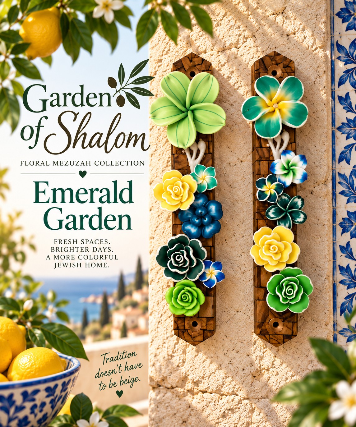 Garden of Shalom Floral Mezuzah Collection, Emerald Garden mezuzah graphic