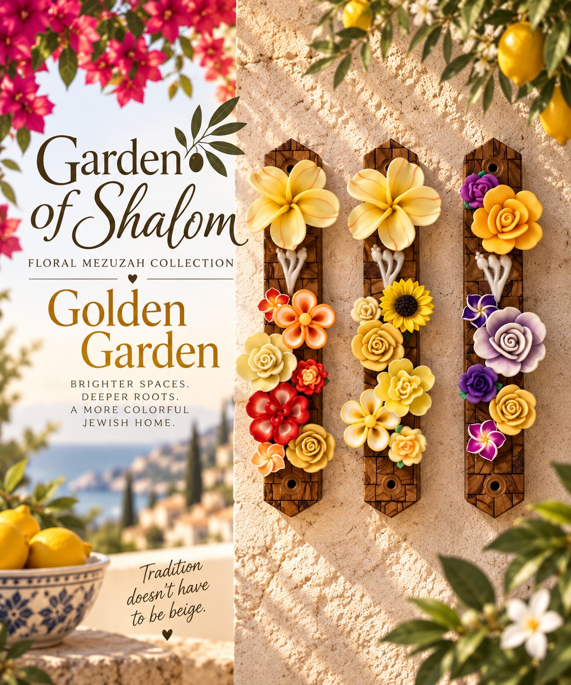 Garden of Shalom Floral Mezuzah Collection, Golden Garden mezuzah graphic