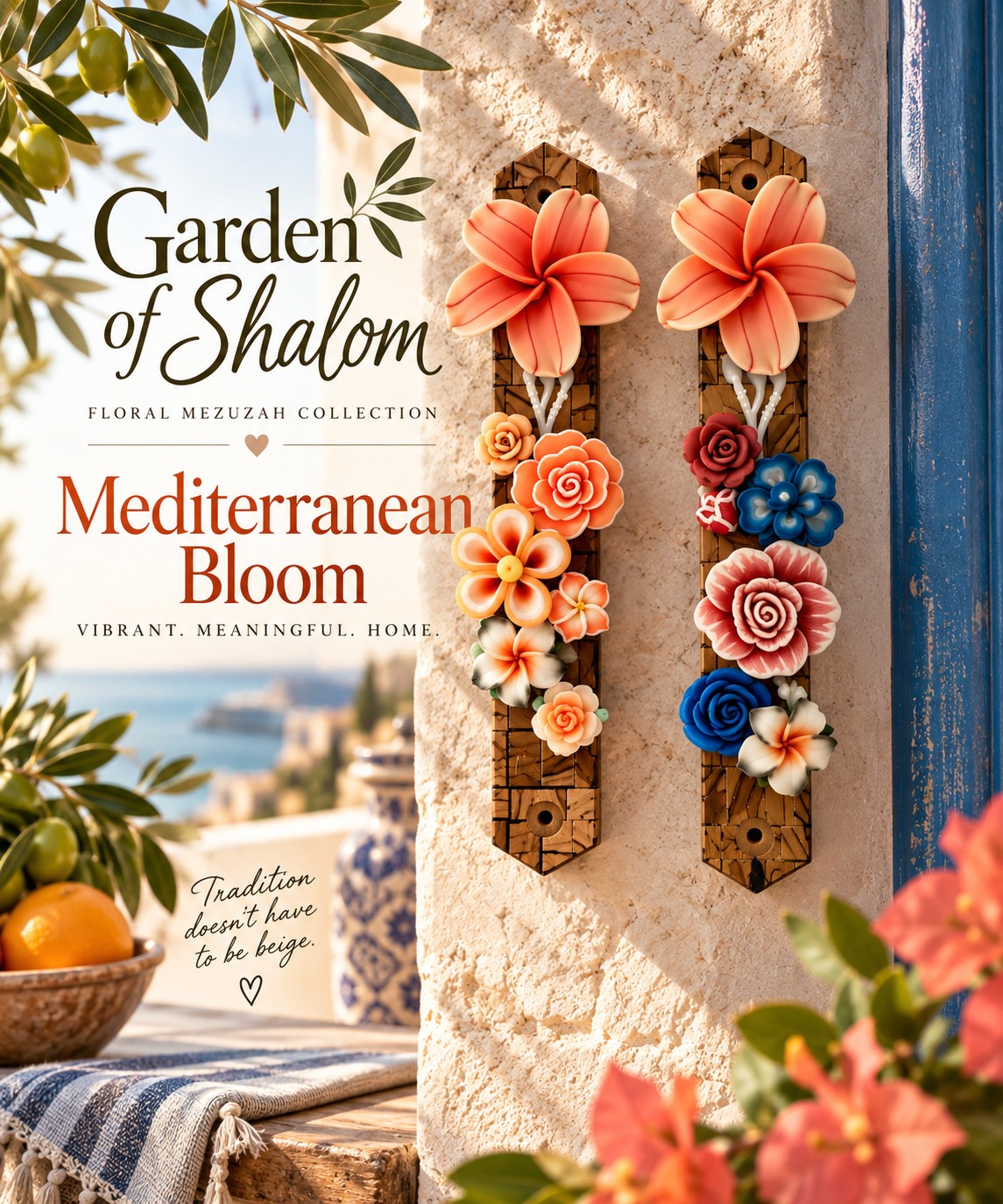 Garden of Shalom Floral Mezuzah Collection, Mediterranean Bloom mezuzah graphic