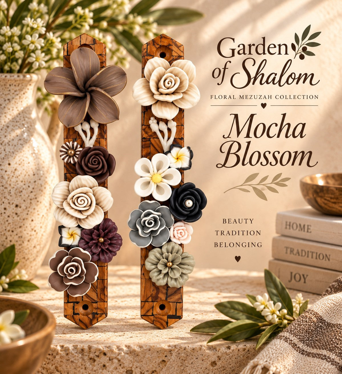 Garden of Shalom Floral Mezuzah Collection, Mocha Blossom mezuzah graphic