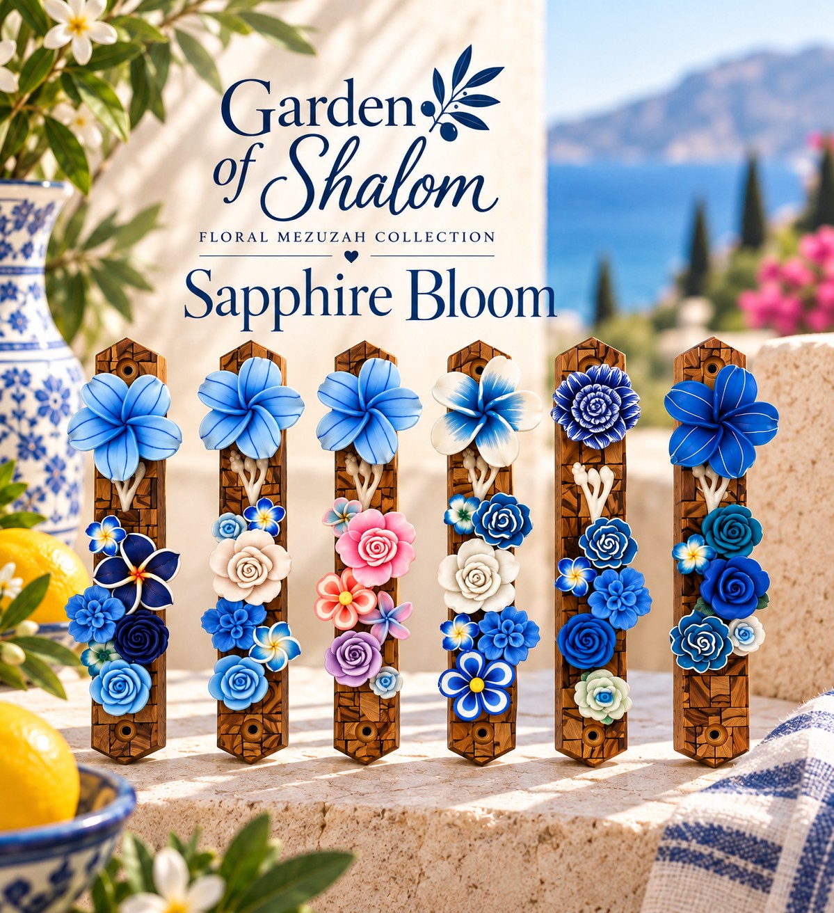 Garden of Shalom Floral Mezuzah Collection, Sapphire Bloom mezuzah graphic