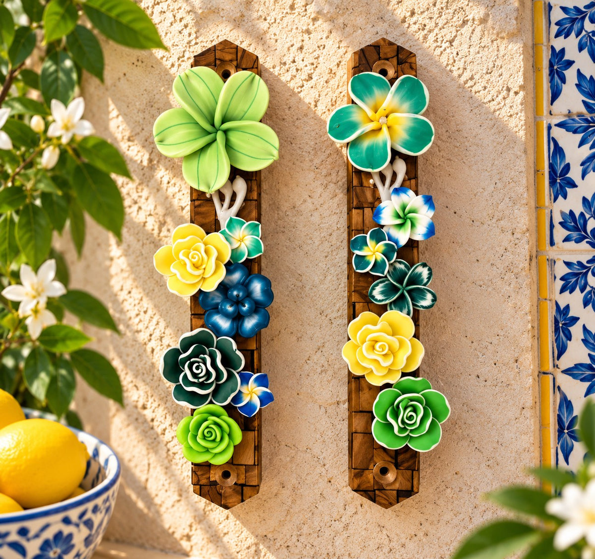 Garden of Shalom Floral Mezuzah Collection, two Emerald Garden mezuzah cases with green flowers