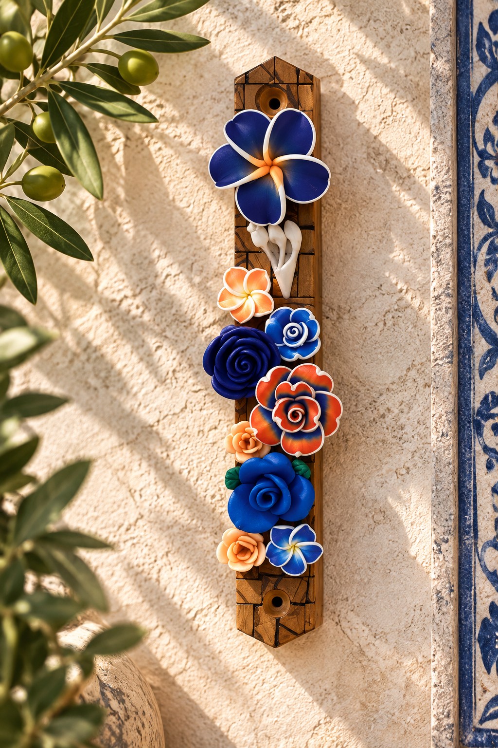 Garden of Shalom Floral Mezuzah Collection, Amalfi Blue mezuzah with deep blue flowers