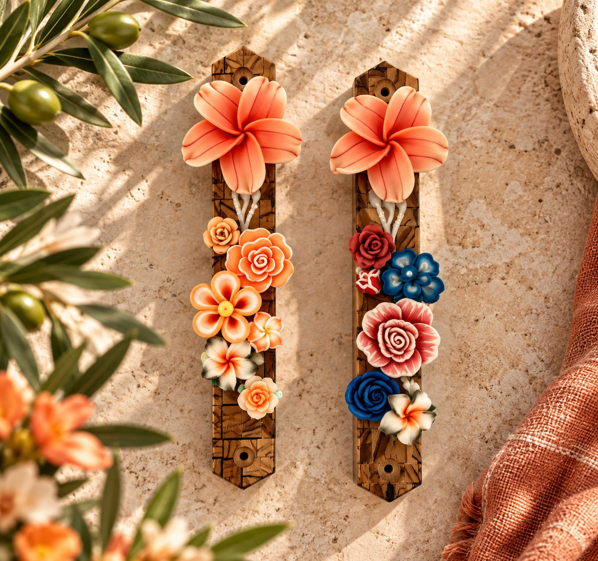 Garden of Shalom Floral Mezuzah Collection, orange Mediterranean Bloom mezuzah cases
