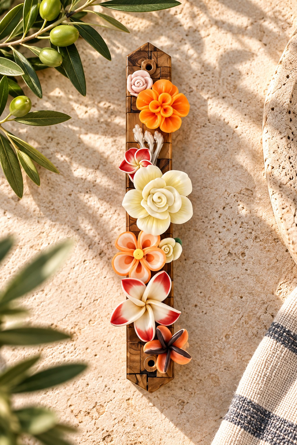 Garden of Shalom Floral Mezuzah Collection, floral mezuzah case on a stone wall