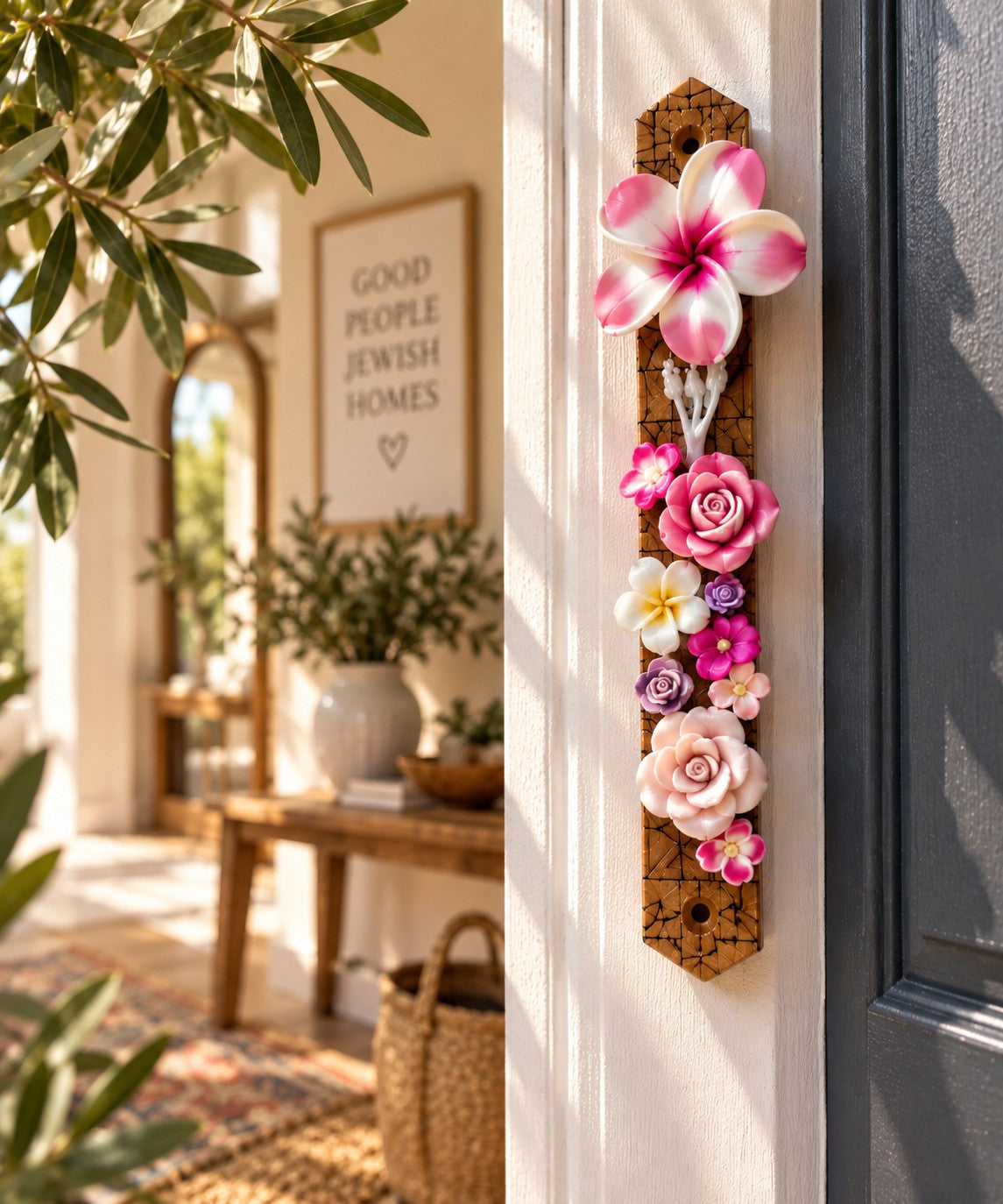 Garden of Shalom Floral Mezuzah Collection, pink floral mezuzah on a doorpost