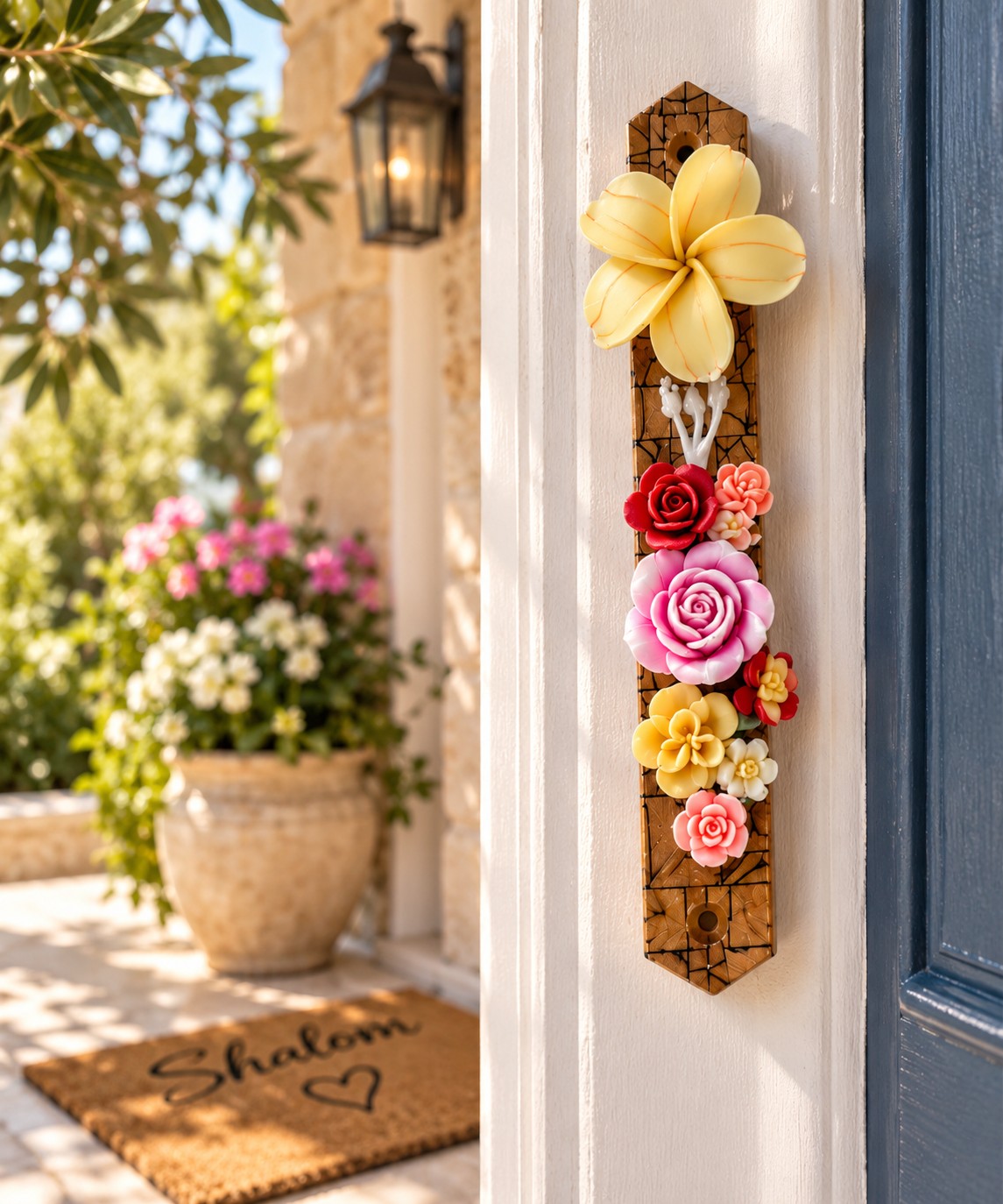 Garden of Shalom Floral Mezuzah Collection, yellow floral mezuzah on an outdoor doorpost
