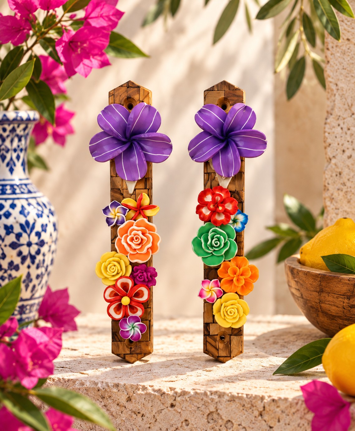 Garden of Shalom Floral Mezuzah Collection, two Joyful Wildflowers mezuzah cases with purple flowers