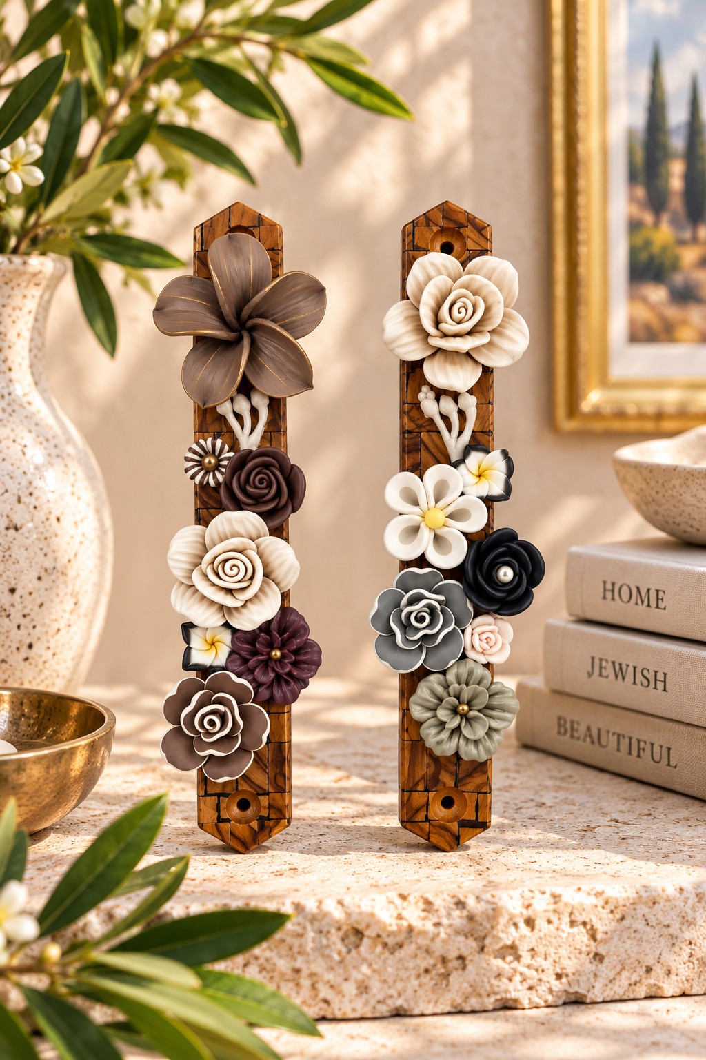 Garden of Shalom Floral Mezuzah Collection, Mocha Blossom mezuzah cases in brown and cream flowers