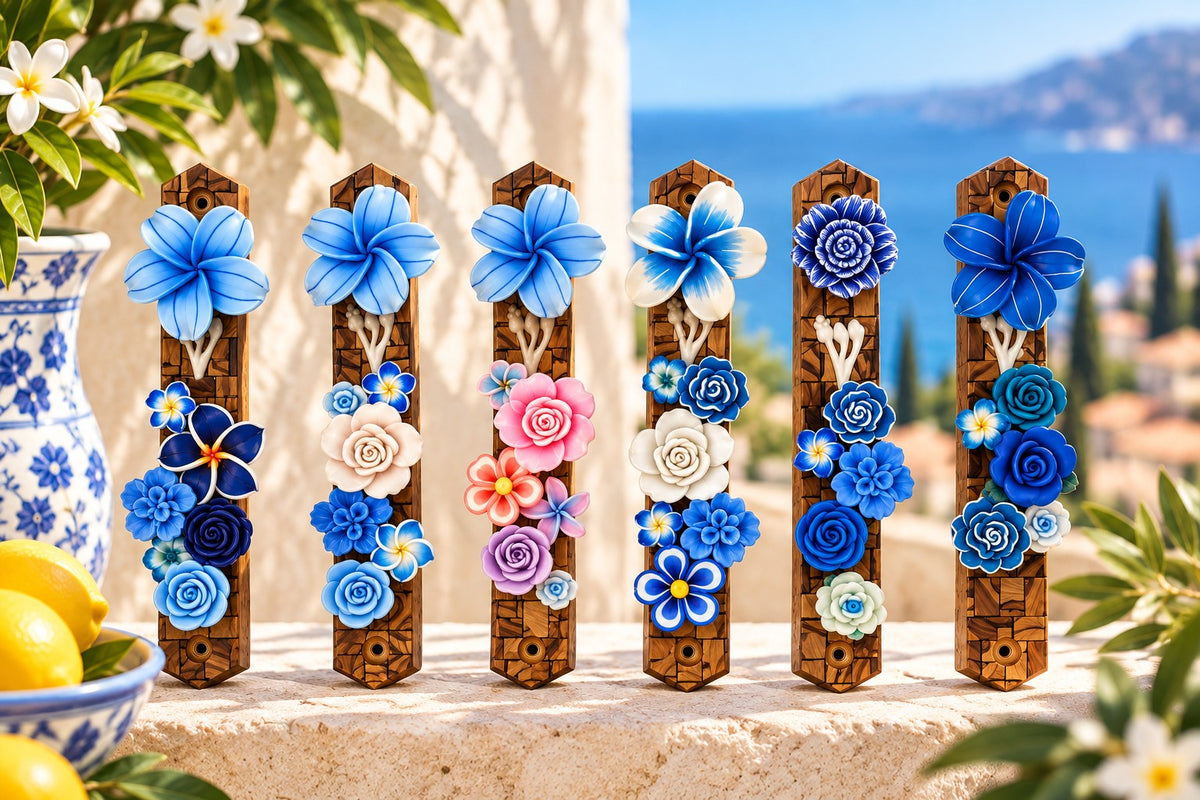 Garden of Shalom Floral Mezuzah Collection, blue floral mezuzah cases on a seaside wall