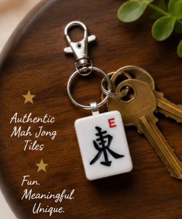 Genuine Mah Jong Tile Keychain, East wind tile keychain with keys