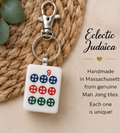 Genuine Mah Jong Tile Keychain, dot tile keychain with Eclectic Judaica text