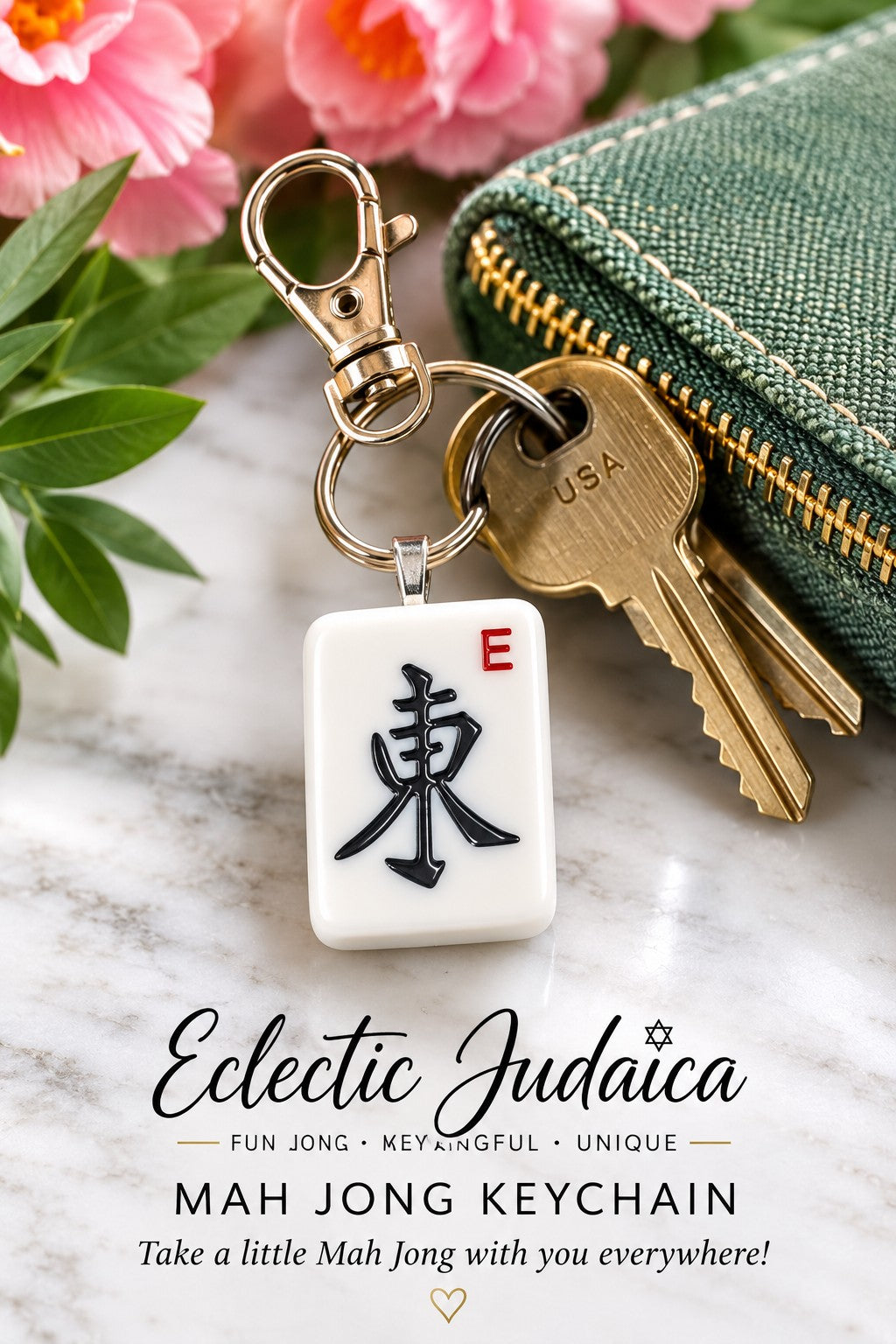 Genuine Mah Jong Tile Keychain, East wind tile keychain with keys and Eclectic Judaica logo