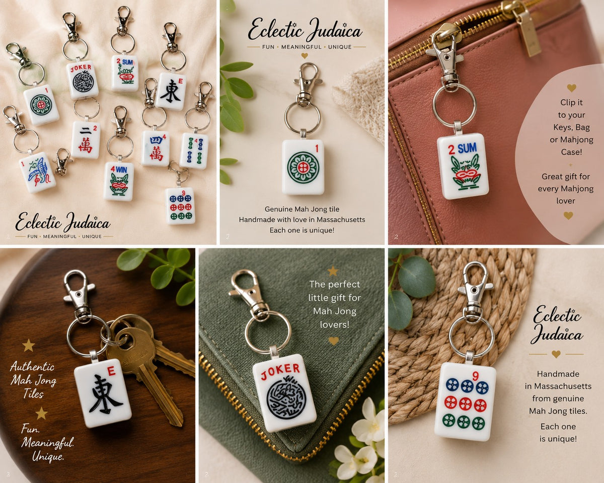 Collage of Mah Jong keychain promo images