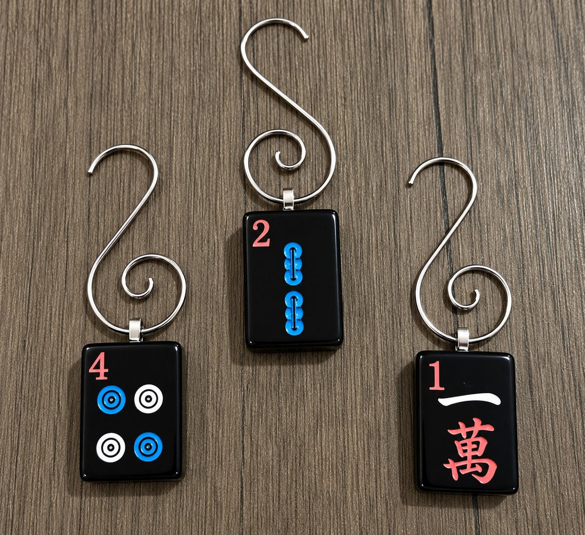 Genuine Mah Jong Tile Ornament, black and blue tile ornaments on wood