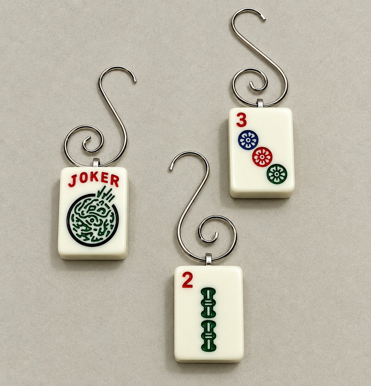 Genuine Mah Jong Tile Ornament, Joker and bamboo tile ornaments on grey (Cream)