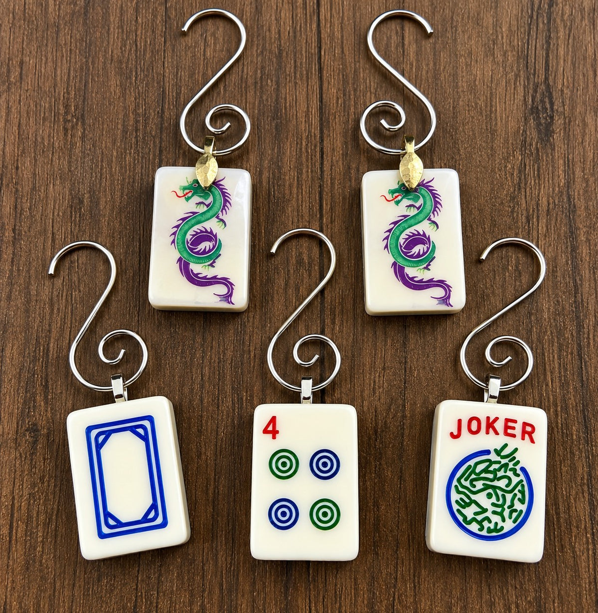 Assorted Mah Jong tile ornaments with silver hooks (Dragon)