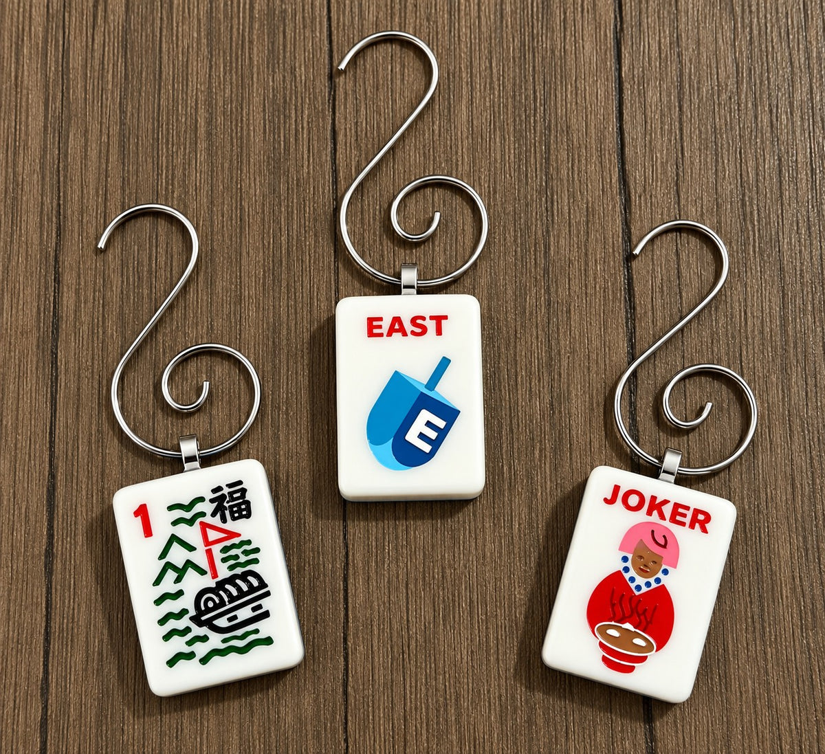 Genuine Mah Jong Tile Ornament, East, dreidel and Joker tile ornaments (Jewish themed)